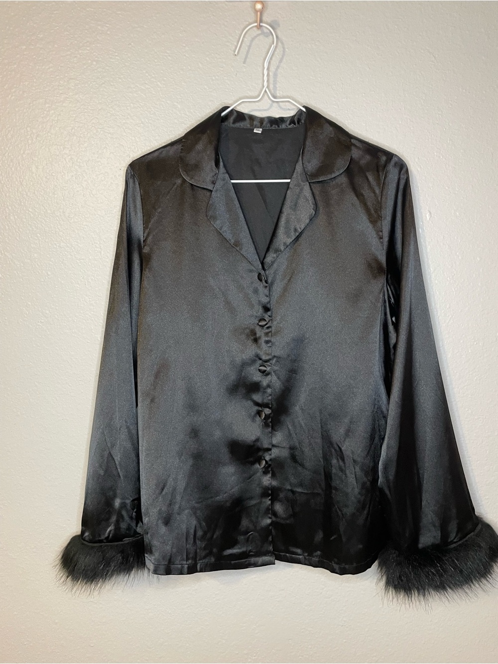 Black Satin Button-Front Top with Faux Fur Cuffs